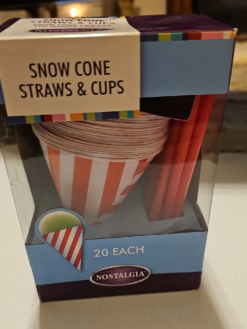 Nostalgia Red and White Stripe Snow Cone Cups with Red Straws - 20 Pack